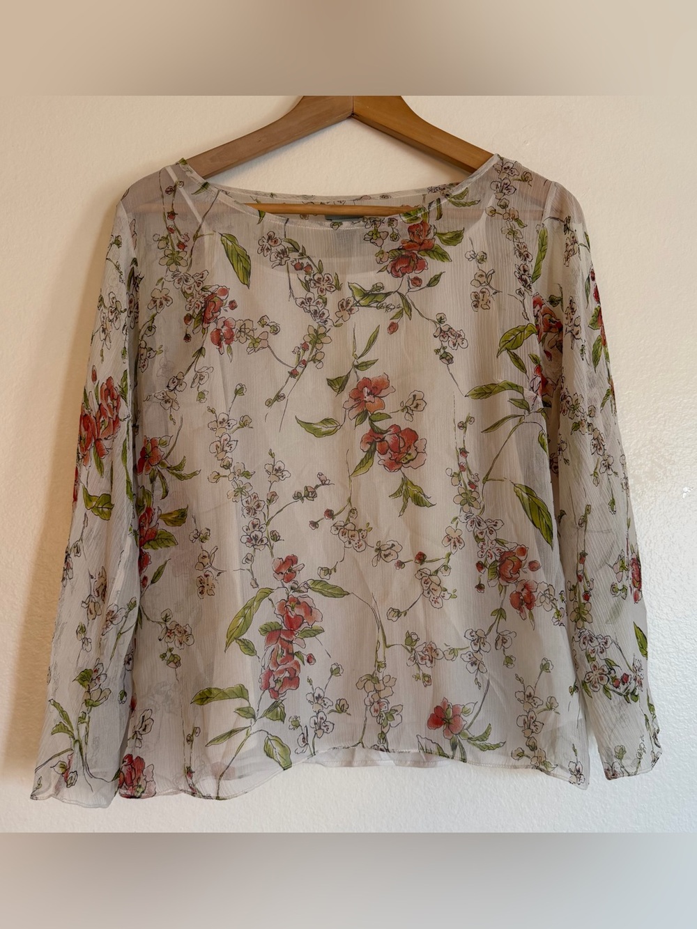 Odille Floral Sheer Silk Long-Sleeve Blouse - White with Pink Floral Fairycore